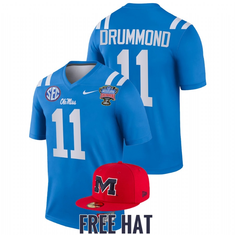 Ole Miss Rebels Men's NCAA Dontario Drummond #11 Blue Sugar Bowl Free Hat 2022 College Football Jersey YQP8449TD
